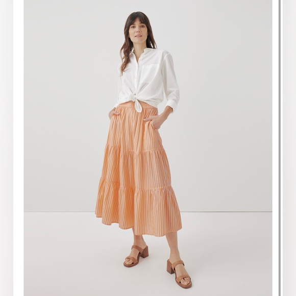 Pact Sunset Light Gauze Pull-On Citrus Stripe Tiered Midi Skirt SZ Large - Picture 2 of 15
